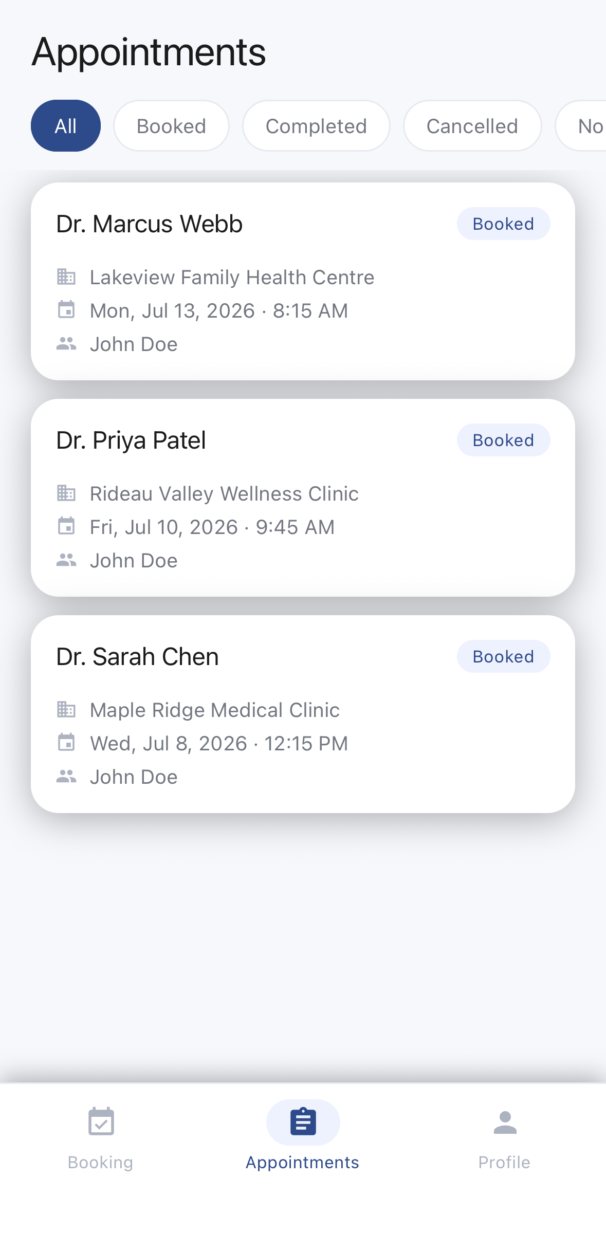 QLINQ app appointments list with statuses and reschedule actions