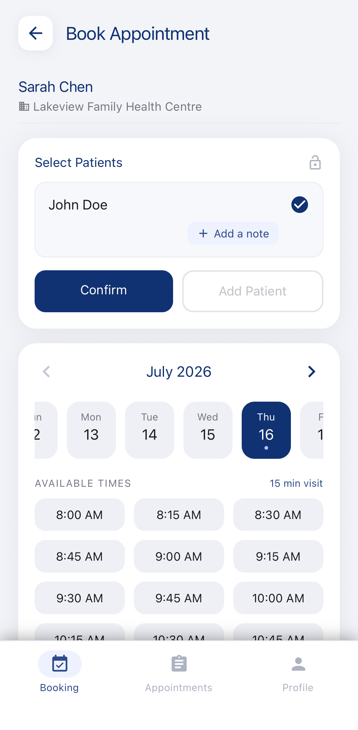 QLINQ app booking screen: physician, date strip and available time slots