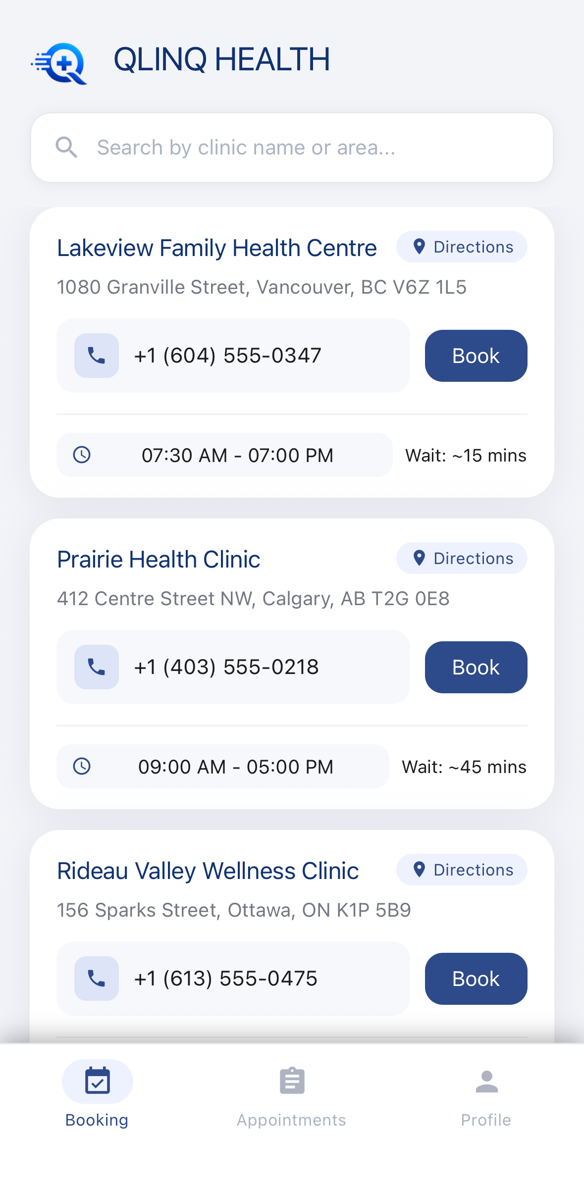 QLINQ app clinic list with live walk-in wait times