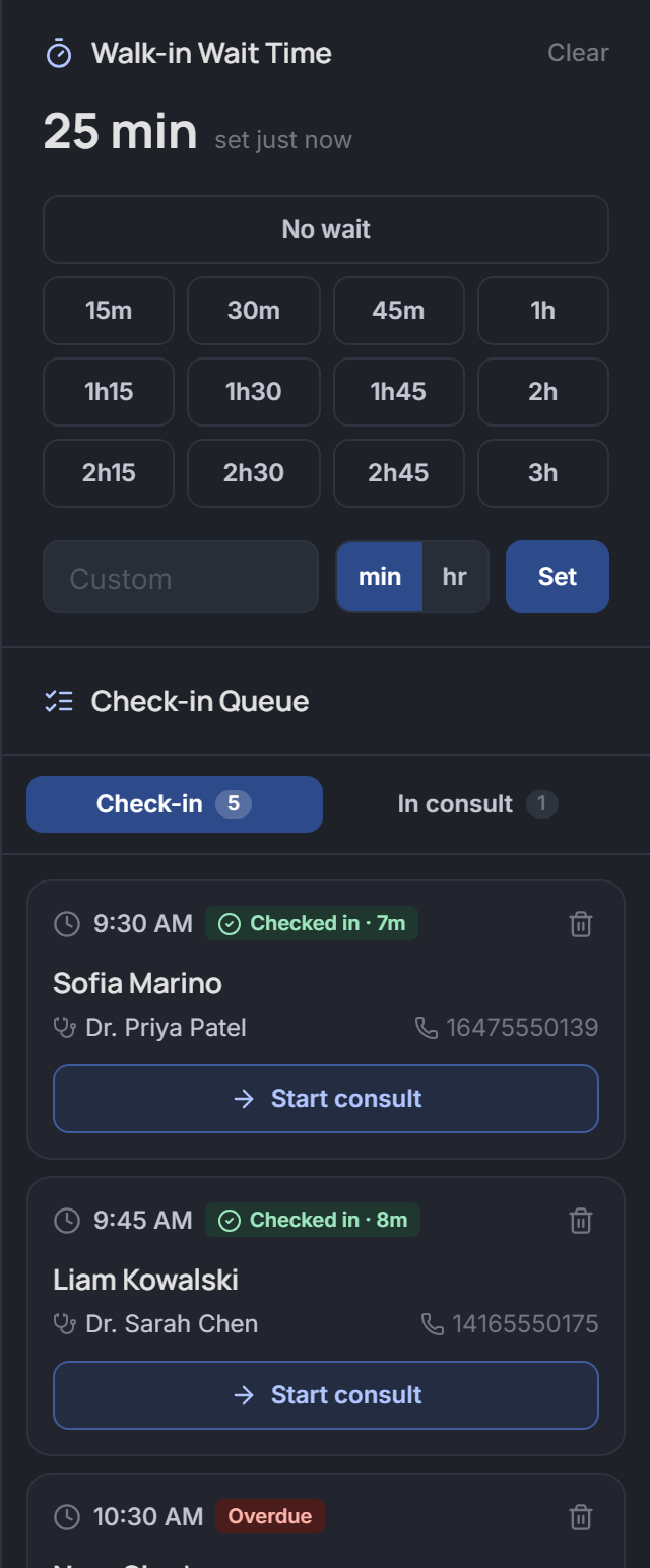 Walk-in wait time card and live check-in queue with checked-in patients